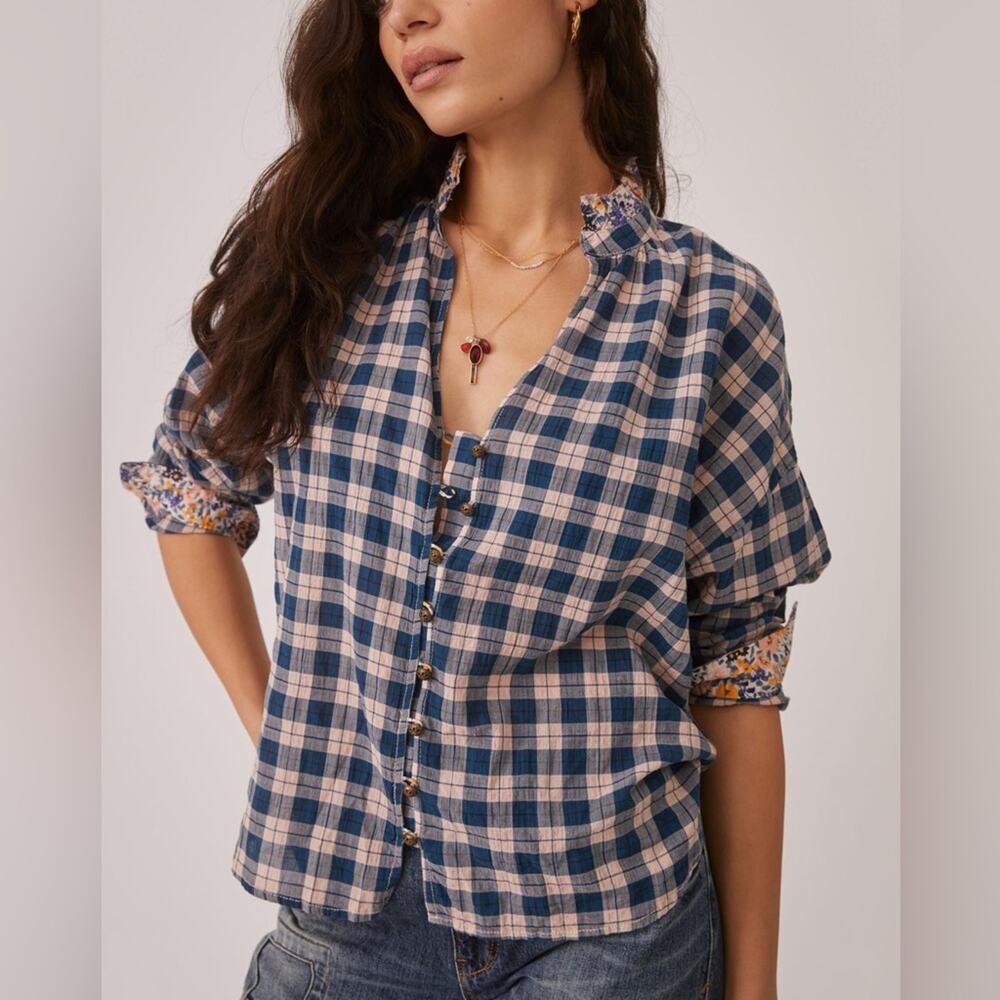 NWT Anthropologie Pilcro Peach The Tavi Plaid Button Down Blouse Size Small